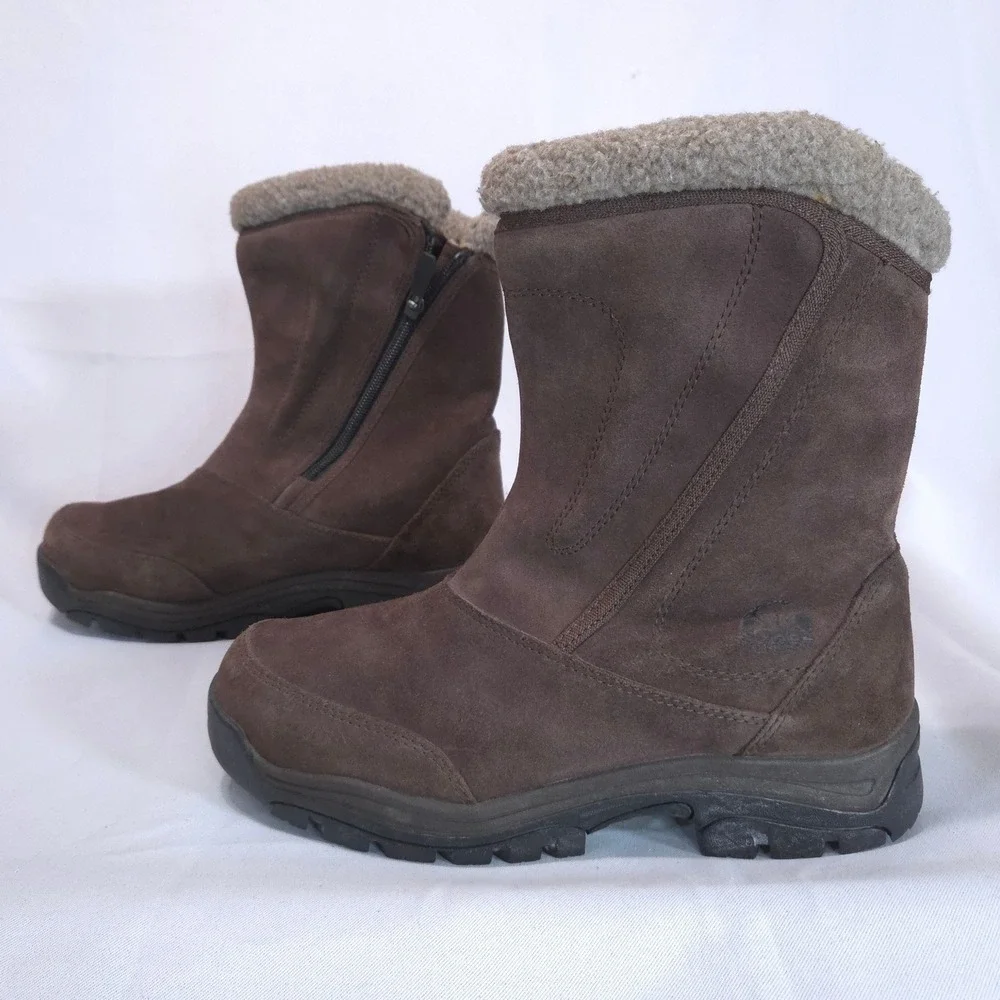 Sorel Water Fall Suede Winter Boots Women 9.5 Thinsulate Brown Zip Mid-Calf Snow